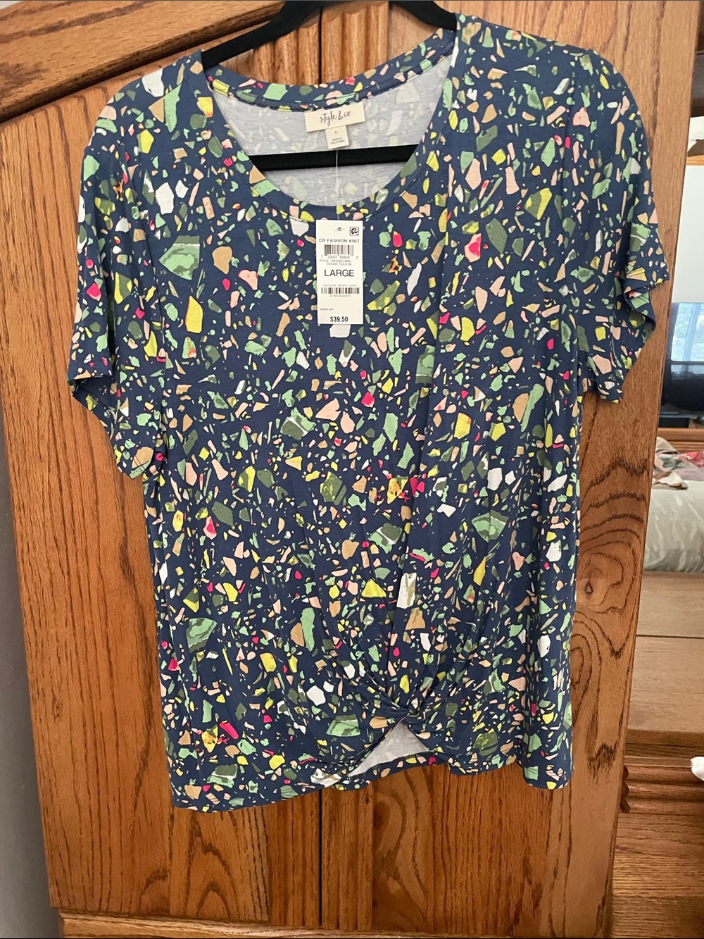 Style & Co. Navy Multicolor Terrazzo-Print Short Sleeve Twist Front Top